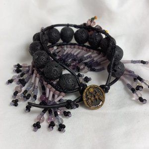 Woven Bracelet using Black Lava Beads, Purple/Lilac Beads, Antique Button